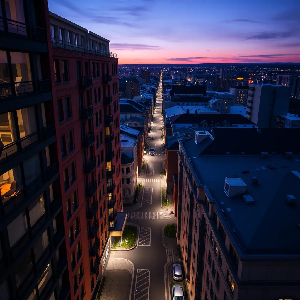 A high-angle architectural shot of residential buildings in