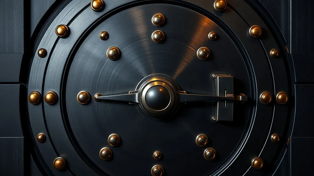 Close up of a dark metallic vault door, gold accents, profes