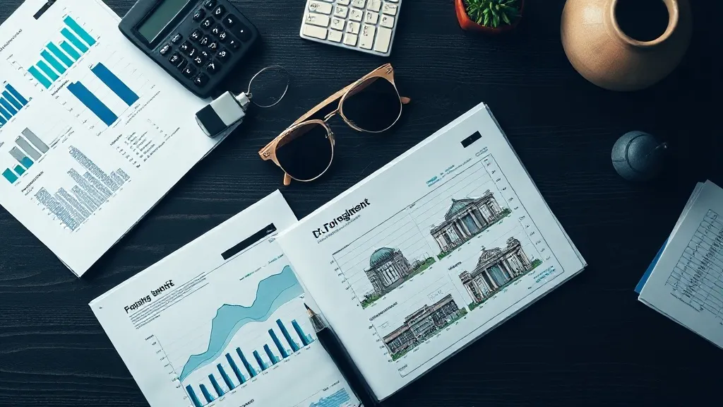 A professional analytical workspace with financial reports,